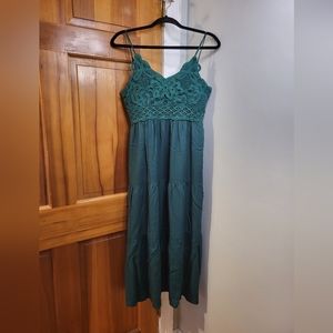 Crochet Bodice Teal Midi Dress with Spaghetti Straps - Women's